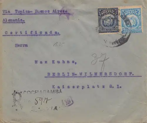 Bolivie: 1921 Cochabamba to Berlin/Germany Registered, cessor