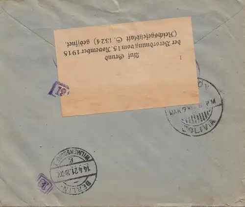 Bolivie: 1921 Cochabamba to Berlin/Germany Registered, cessor