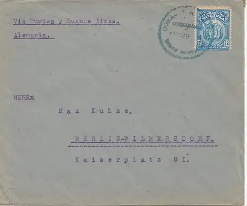 Bolivia/Bolivien: 1921: Cochabamba via Buenos Aires to Berlin