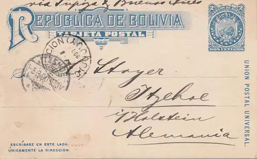 Bolivia/Bolivien: 1900: Post card to Itzehohe