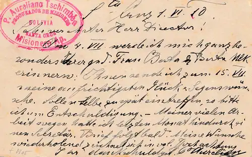 Bolivie: 1910 Santa Cruz - Post card Misionero