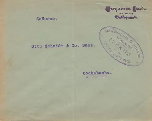 Bolivia/Bolivie: 1913 cover Santa Cruz to Cochabamba
