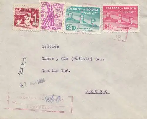 Bolivia/Bolivien: 1954: Registered cover to Oruro