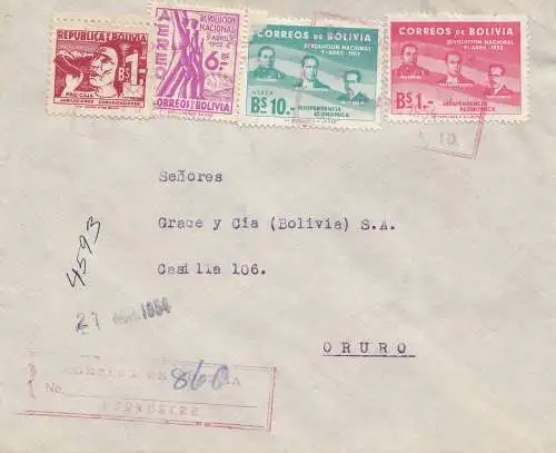 Bolivie: 1954: Registered cover to Oruro