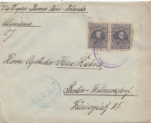 Bolivia/Bolivie: 1915: cover Cochabamba via Buenos Aires to Berlin/Germany