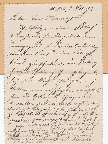 Brazil: 1892: post card Sec. Bahia/Salvador to Hambourg, y compris texte