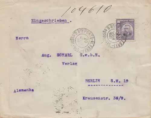 Brazil: 1921: Porto Alegre to Berlin, registered, see backside