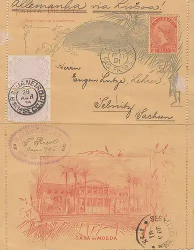 Brazil: 1891: post card to Sebnitz/Sachsen via Lisboa