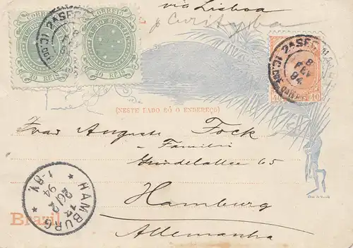 Brazil: 1894: Bilhete Postal- post card to Hamburg