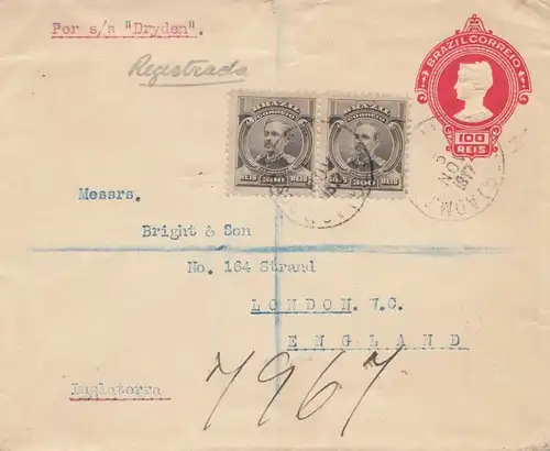 Brazil: 1917: Bahi to London - per s/s Dryden