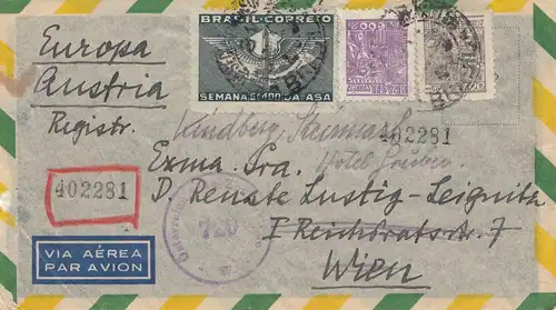 Brazil: 1947: Registered cover to Wien/Austria, Austrian centor