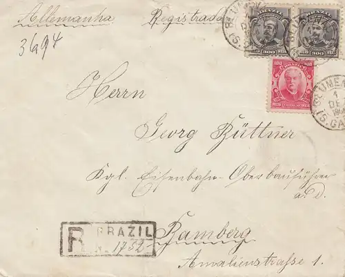 Brazil: 1908: Registered Blumenau to Bamberg