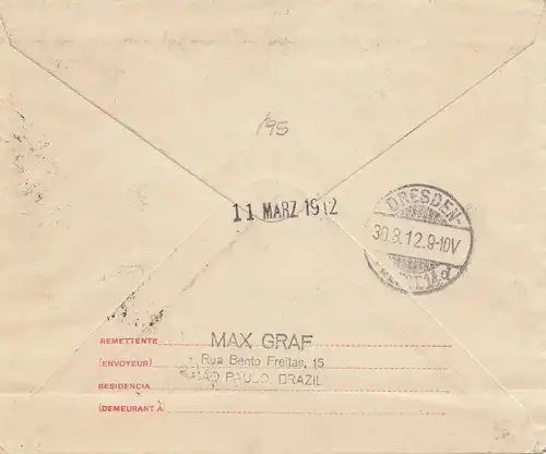 Brazil: 1912: registered cover Sao Paolo to Dresde