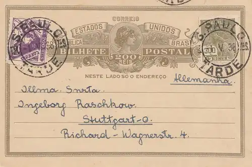 Brazil: 1938: S. Paulo to Stuttgart - post card
