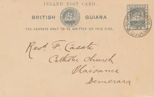 Guiana - British Postage: post card New Amsterdam to Plaisance