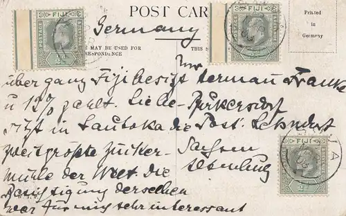 Fiji: post card 1908 Melbourne to Germany