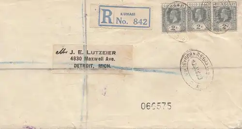 Gold Coast 1928: Registered letter Kumasi to USA Detroit