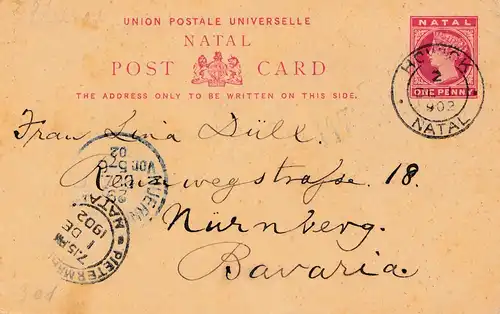 Natal: 1902: post card Drakensberg to Nürnberg/Germany