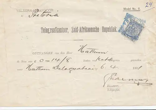 Zuid-Afrikaansche Republick - Telegram Ontvangen 1891 Pretoria