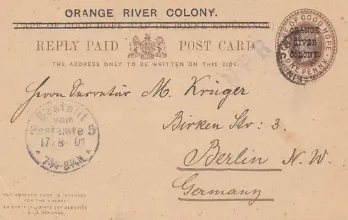 Cape of good hope: 1901: post card reply Orange river colony to Berlin