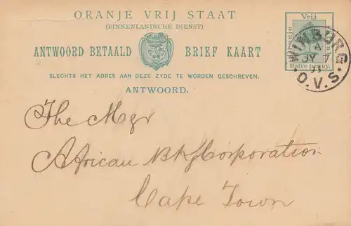 Oranje Vrij État, post-card 1893 Winburg to Cape Town