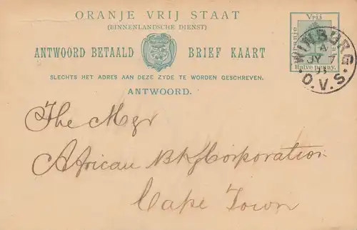 Oranje Vrij Staat, post card 1893 Winburg to Cape Town