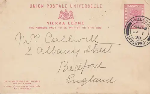 Sierra Leone 1898 Paquebot Liverpool to Bedford/Angleterre
