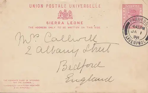 Sierra Leone 1898 Paquebot Liverpool to Bedford/England