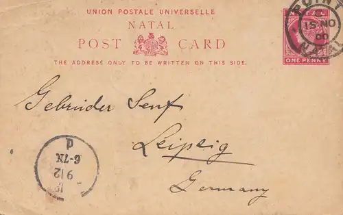Natal: 1900 post card Natal to Leipzig