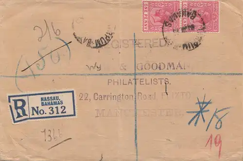 Bahamas: 1928 registered letter from Nassau to Manchester