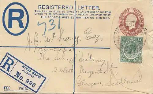 Jamaica 1928: Registered letter Myers Wharf to Glasgow