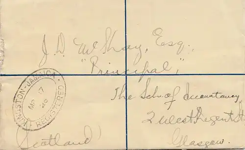 Jamaica 1928: Registered letter Myers Wharf to Glasgow