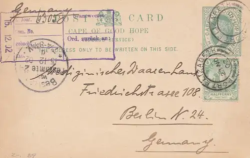 cape of good hope: 1902: Post card to Berlin/Germany