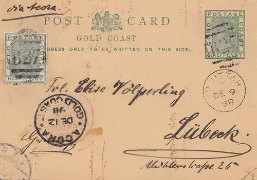 Gold Coast: Postcard 1898 Acora to Lubeck/Germany