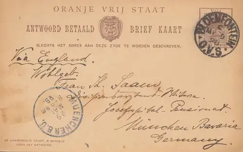 1898: Vrij: post card Bloemfontein to München