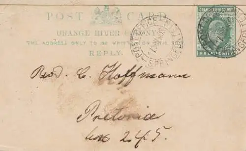 1903: Orange River Colony-post card Springfontain to Pretoria