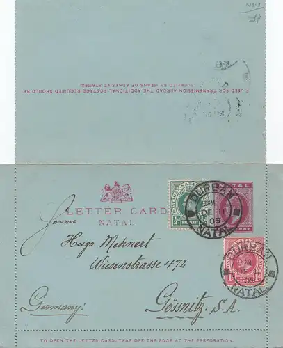 Natal: 1909 letter from Durban to Gössnitz