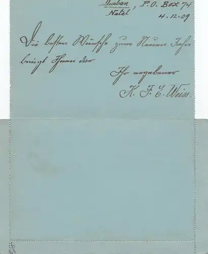 Natal: 1909 letter from Durban to Gössnitz