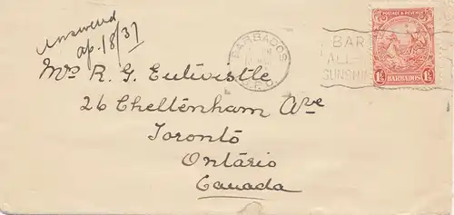 Barbados: 1937: letter to Ontario/Canada