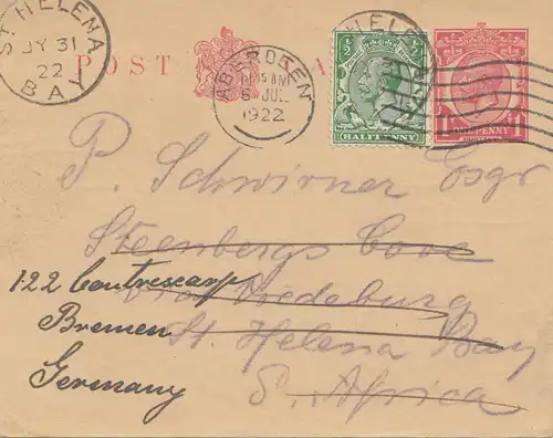 Sainte-Hélène: 1922 post card via Aberdeen to Brême/Germany