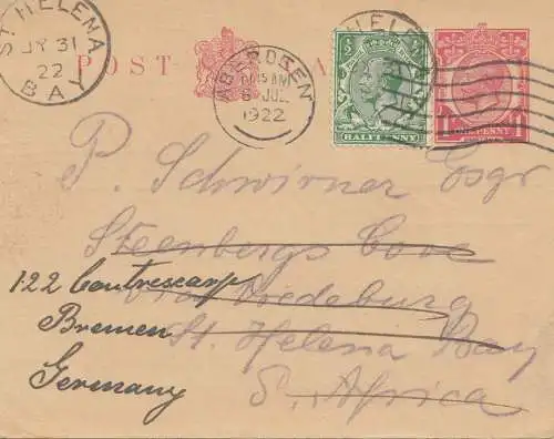 Sainte-Hélène: 1922 post card via Aberdeen to Brême/Germany