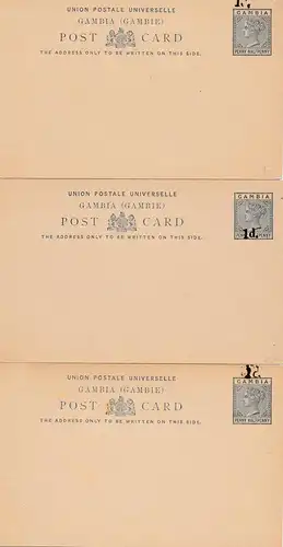 Gambia: postcard unused 5x, 1x overprint double, 1x with reply card (last one)