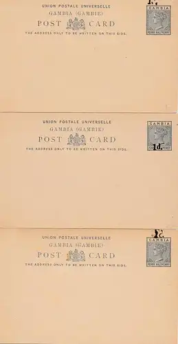 Gambie: postcard unused 5x, 1x overprint double,1x with reply card (last one)