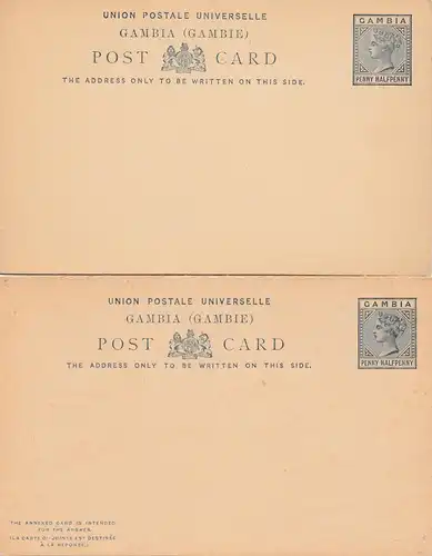 Gambia: postcard unused 5x, 1x overprint double, 1x with reply card (last one)