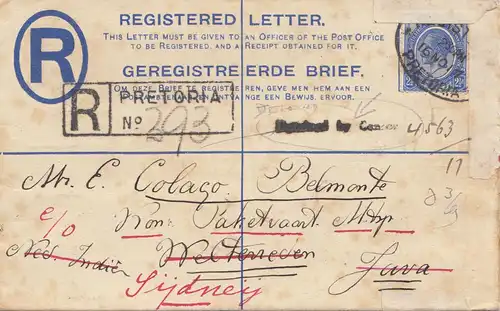 Afrique du Sud: 1919: registered letter from Pretoria to Java - then Sydney