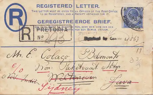 South Africa: 1919: registered letter from Pretoria to Java - then Sydney