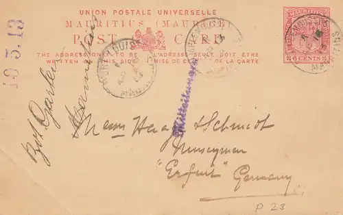 Mauritius: 1913: post card Port Louis to Erfurt/Germany