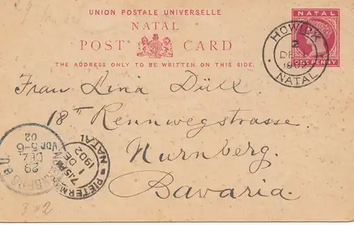 Natal: 1902: post card Howick to Nürnberg/Germany