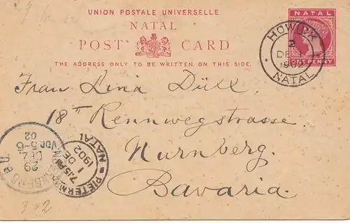 Natal: 1902: post card Howick to Nuremberg/ Germany