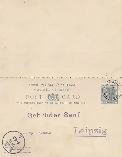 Gambia: post card 1895 to Gebrüder Senf/Leipzig